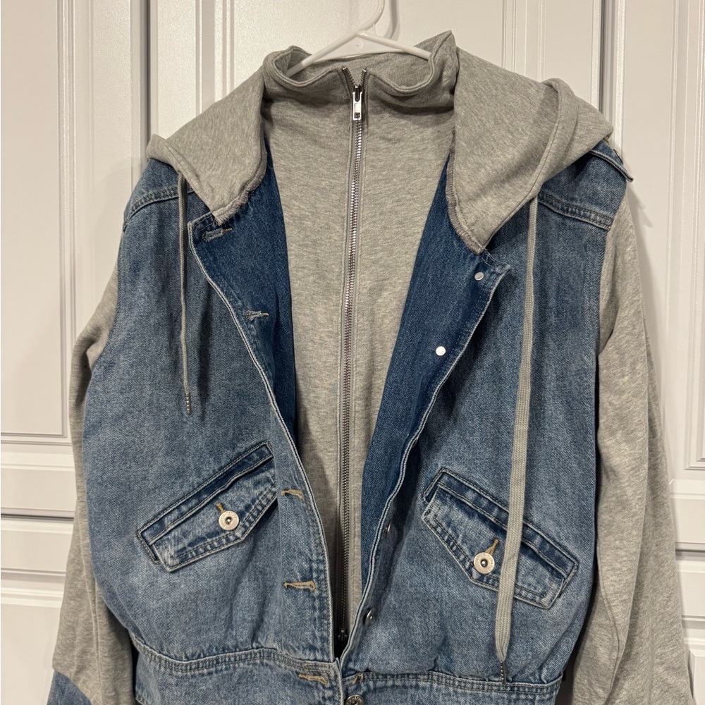 Dance & Marvel Blue Jean Jacket with Gray Hoodie